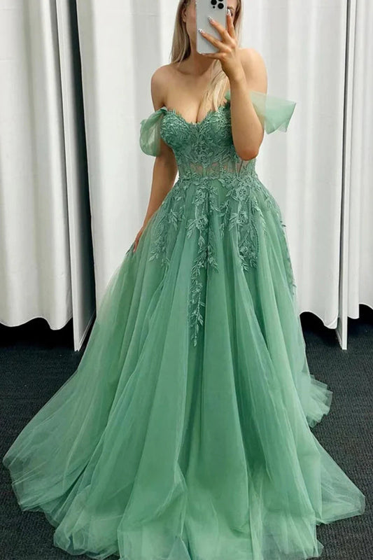 Off Shoulder Green Lace Long Prom Dress Green Formal Gown