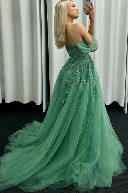 Off Shoulder Green Lace Long Prom Dress Green Formal Gown