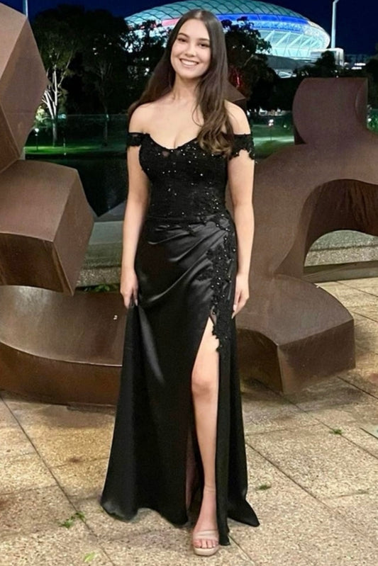 Off Shoulder Mermaid Black Lace Long Prom Dress