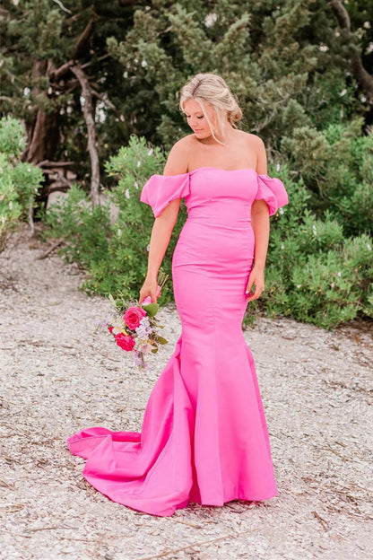 Off Shoulder Strapless Mermaid Long Hot Pink Prom Dress