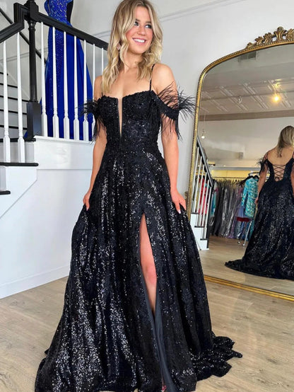 Black Lace Sequins Formal Prom Dresses