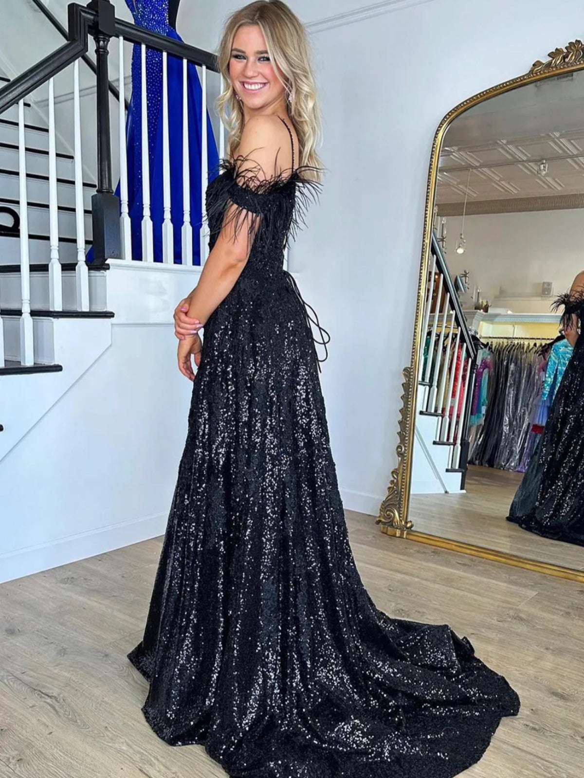 Black Lace Sequins Formal Prom Dresses