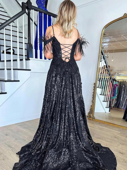 Black Lace Sequins Formal Prom Dresses