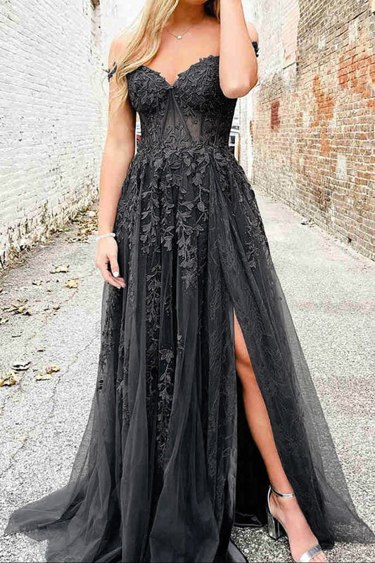 Off Shoulder Black Lace Formal Evening Dress