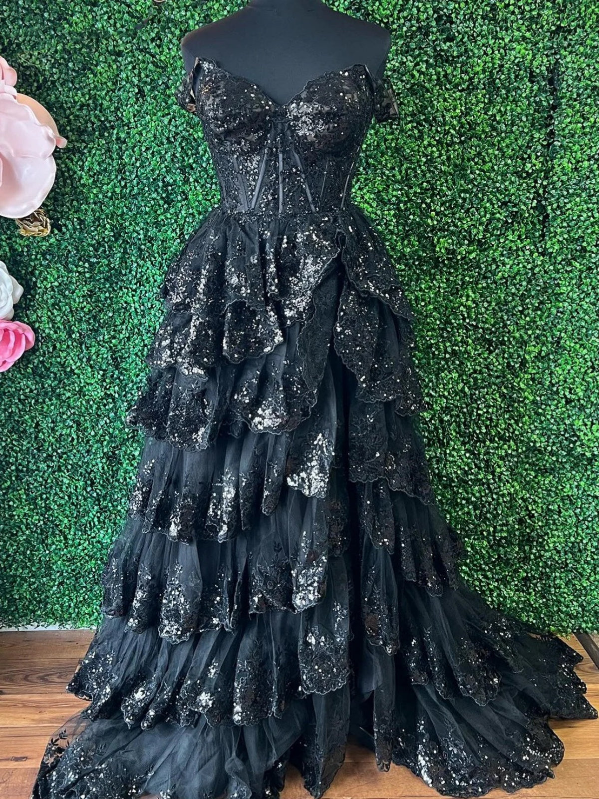 Black White Pink Purple Layered Lace Prom Dress