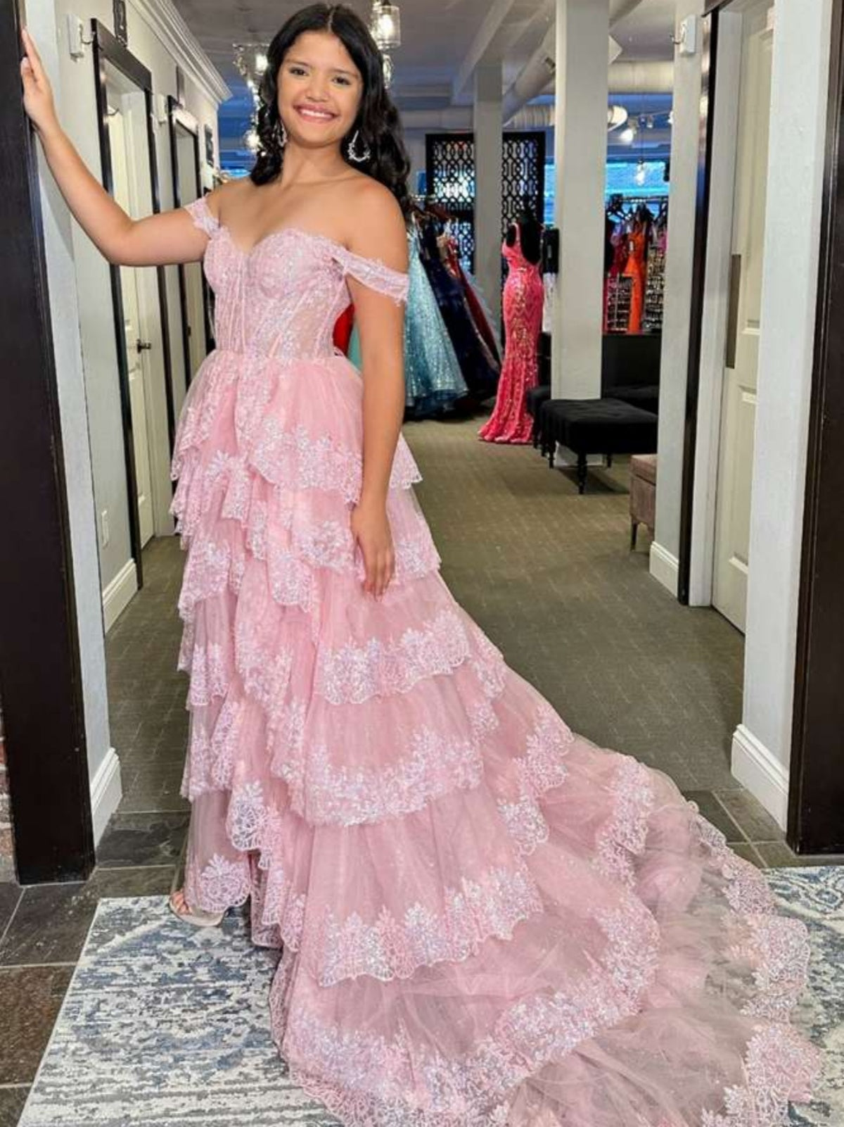 Black White Pink Purple Layered Lace Prom Dress