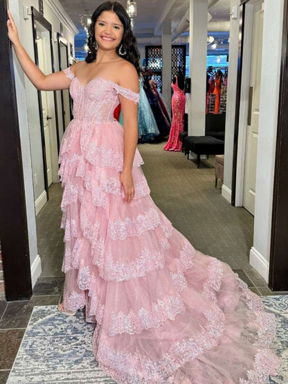 Black White Pink Purple Layered Lace Prom Dress