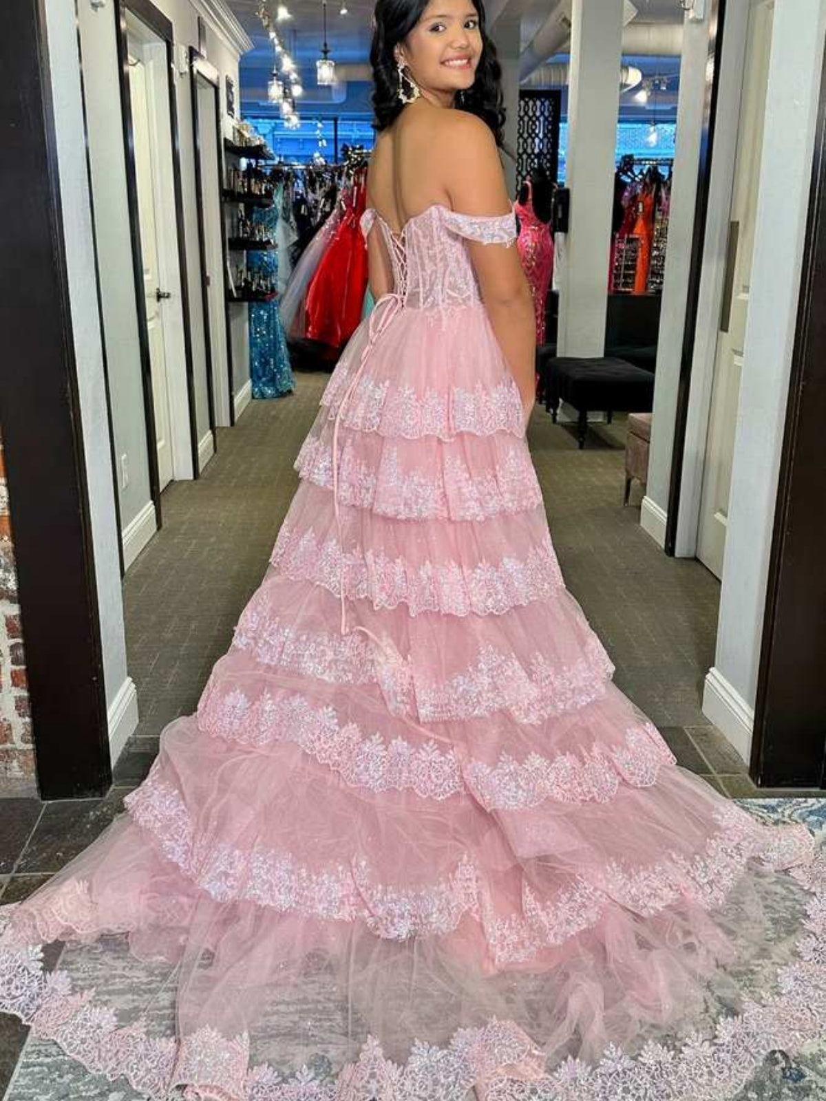 Black White Pink Purple Layered Lace Prom Dress