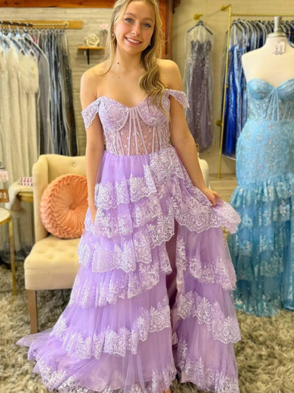 Black White Pink Purple Layered Lace Prom Dress