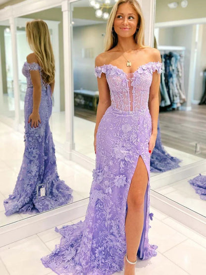 Off the Shoulder Blue Purple Pink Floral Lace Mermaid Prom Dress