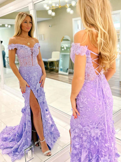 Off the Shoulder Blue Purple Pink Floral Lace Mermaid Prom Dress