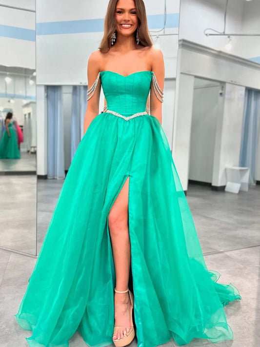 Off the Shoulder Green Organza Prom Dress