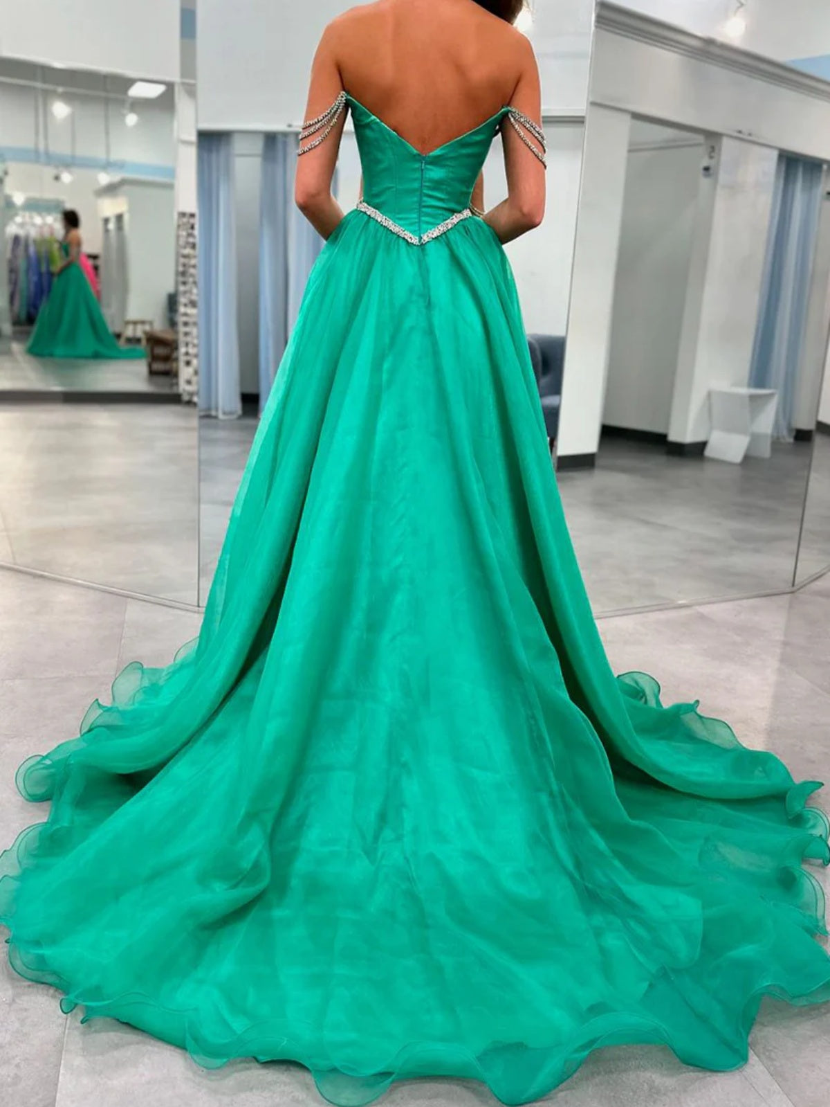 Off the Shoulder Green Organza Prom Dress