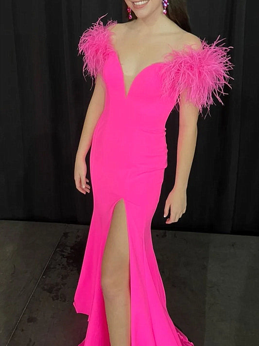 Off Shoulder Hot Pink Formal Evening Dress