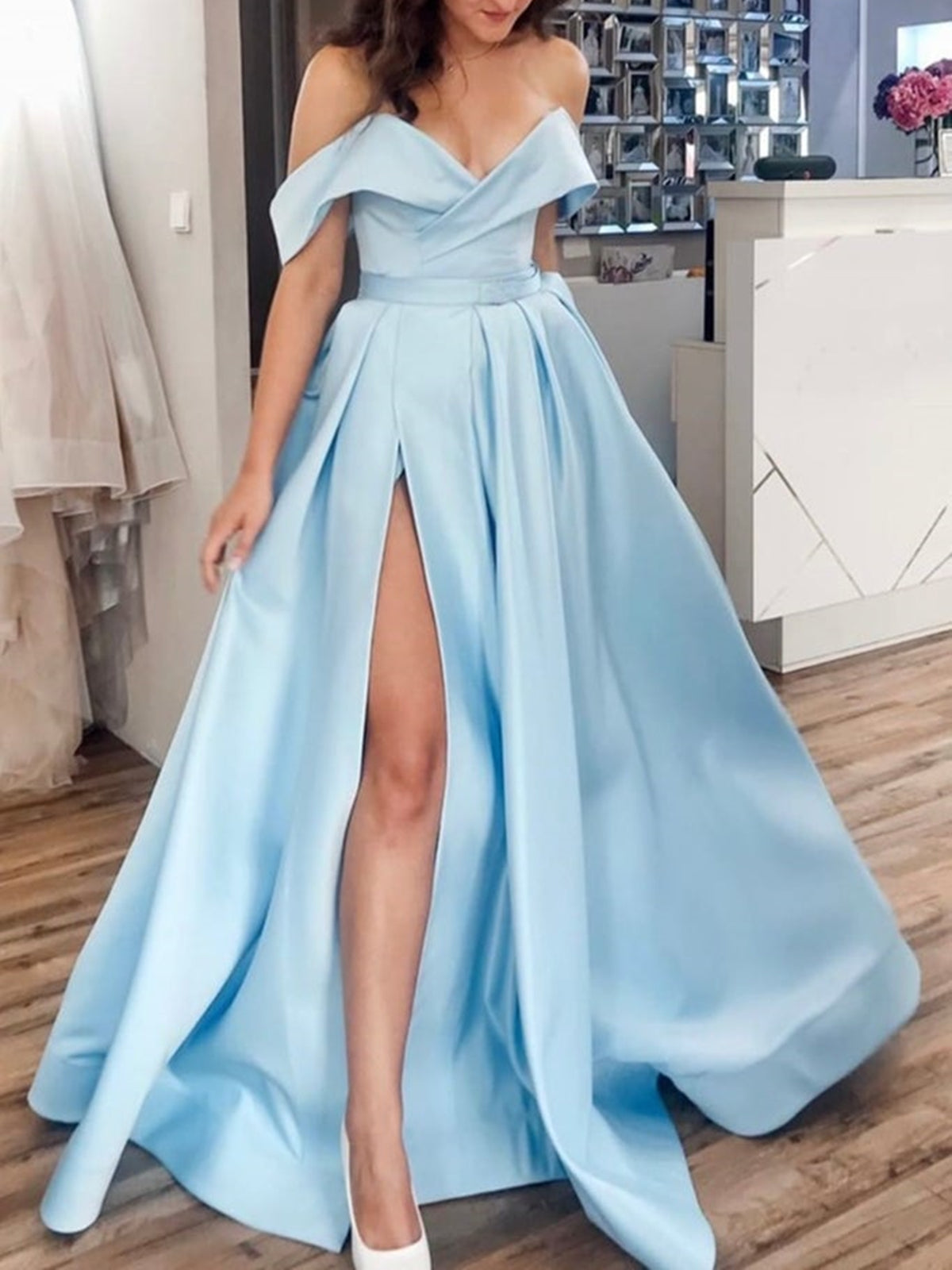 Off the Shoulder Light Blue Satin Prom Dress