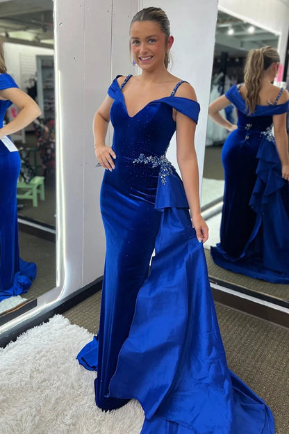 Off the Shoulder Mermaid Royal Blue Velvet Long Prom Dresss