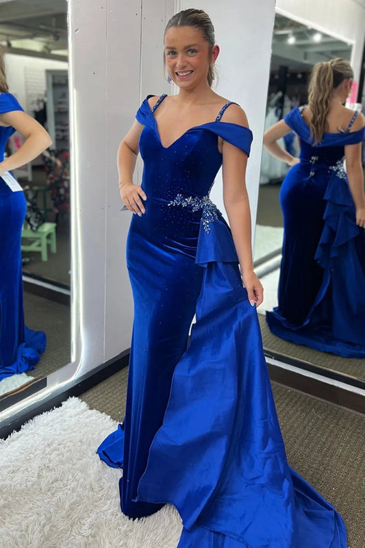 Off the Shoulder Mermaid Royal Blue Velvet Long Prom Dresss