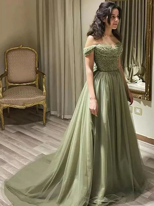 Off the Shoulder Mint Green Beaded Long Prom Dress
