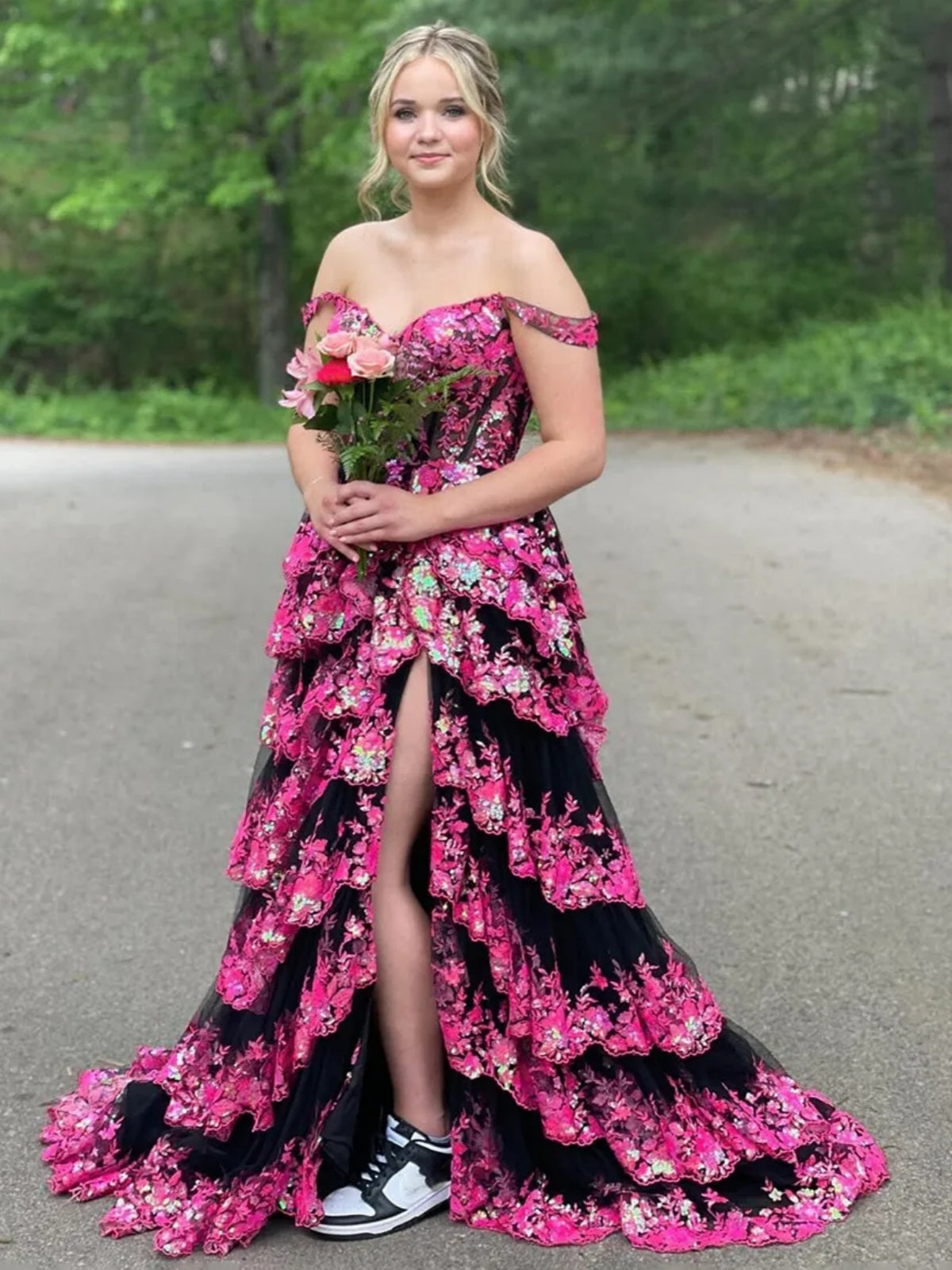 Off Shoulder Layered Formal Prom Dresses