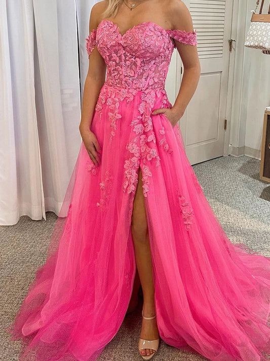 Off Shoulder Pink Lace Formal Evening Dress
