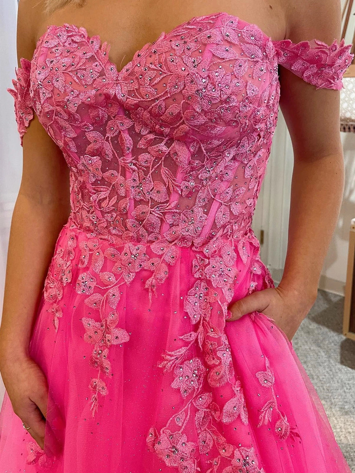 Off Shoulder Pink Lace Formal Evening Dress