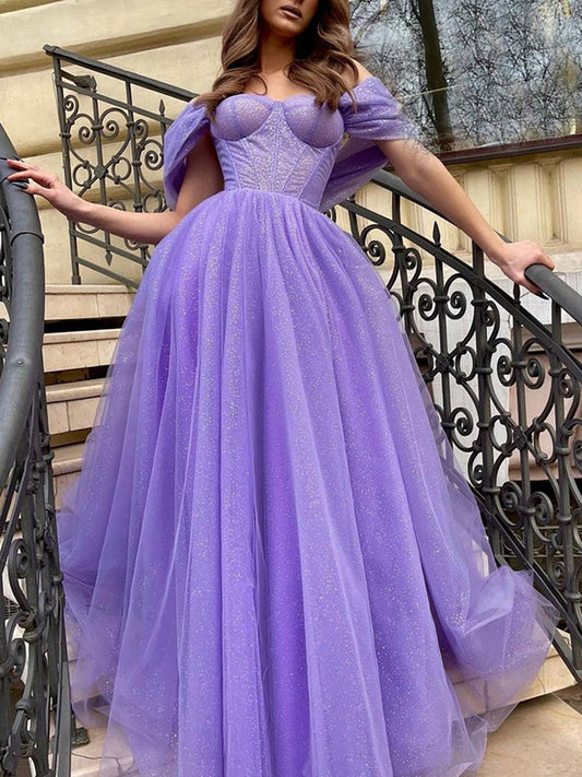 Off the Shoulder Purple Long Prom Dress