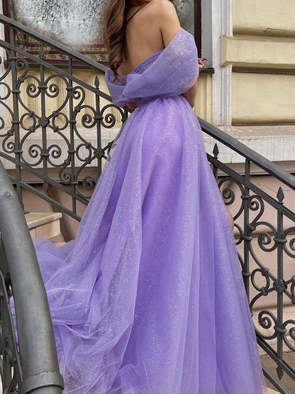 Off the Shoulder Purple Long Prom Dress
