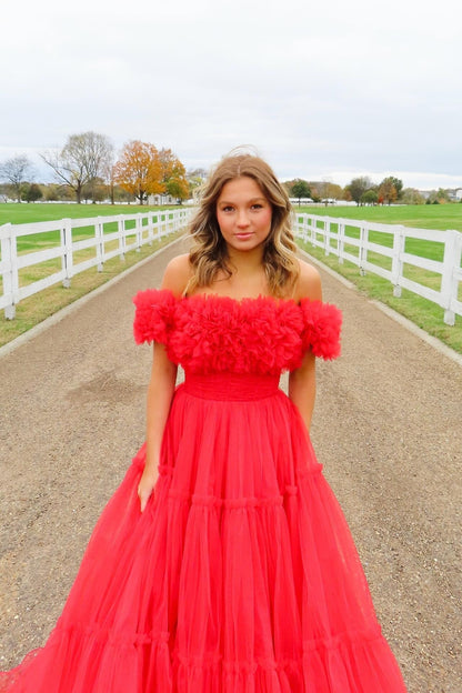 Bateau-Neck Off-Shoulder Sleeveless Pleated Tulle A-Line Long Prom Dress with Train