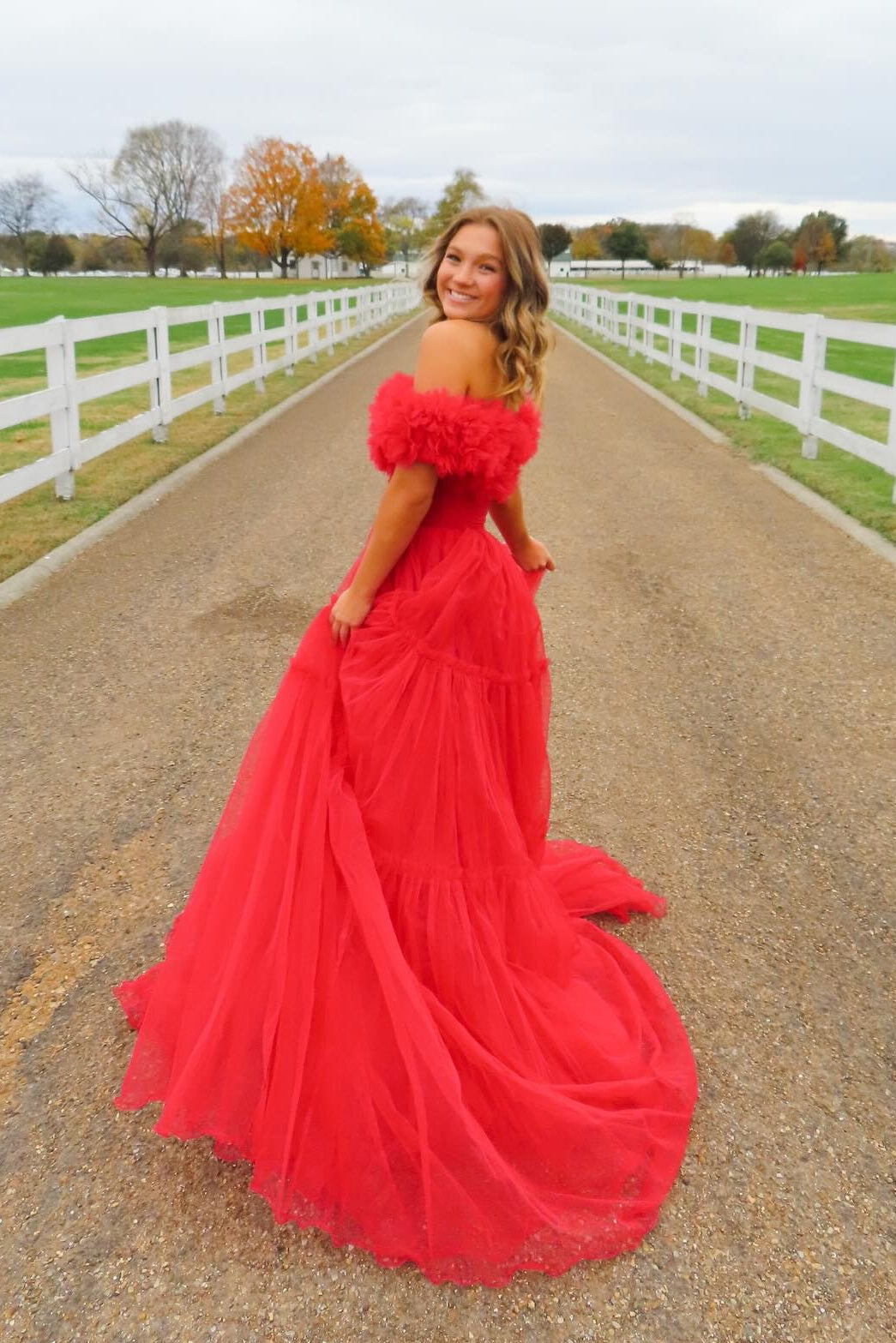 Bateau-Neck Off-Shoulder Sleeveless Pleated Tulle A-Line Long Prom Dress with Train
