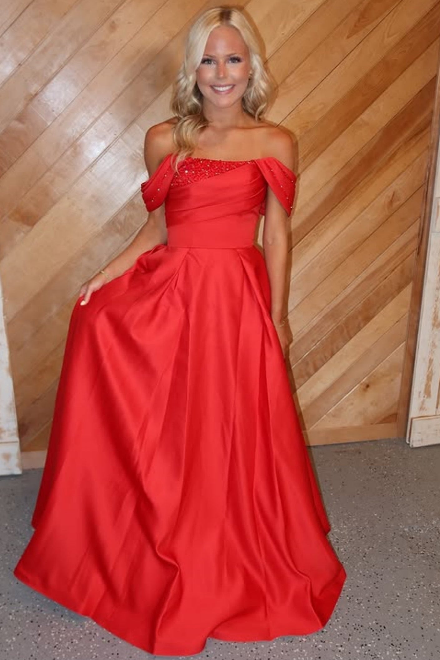 Bateau-Neck Off-Shoulder Sleeveless Beaded Pleated Satin Floor-Length A-Line Prom Dress