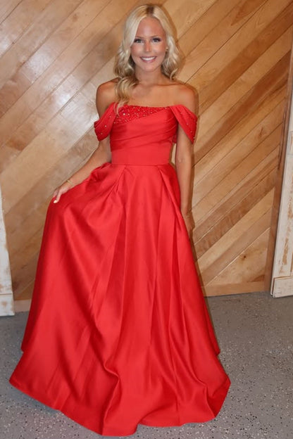 Bateau-Neck Off-Shoulder Sleeveless Beaded Pleated Satin Floor-Length A-Line Prom Dress