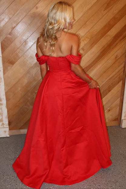 Bateau-Neck Off-Shoulder Sleeveless Beaded Pleated Satin Floor-Length A-Line Prom Dress