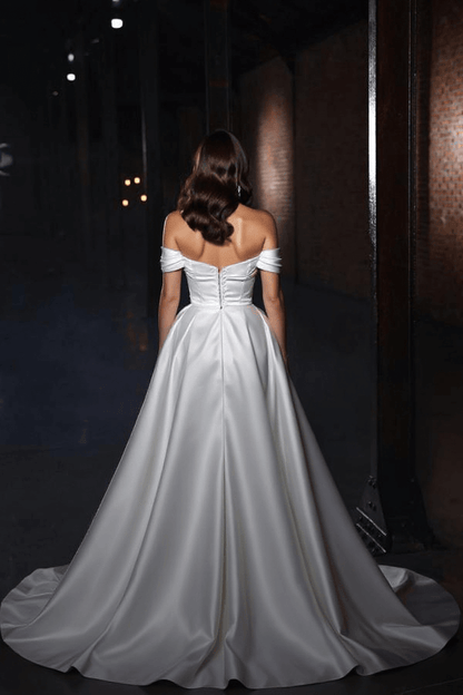 Off the Shoulder Wedding Dress White Detachable Panel Train Bridal Gown