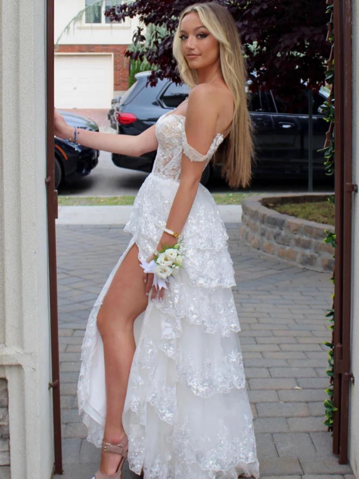 Off the Shoulder White Lace Layered Long Prom Dress