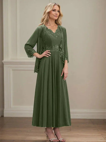 A-line V-Neck Ankle-Length Chiffon Mother of the Bride Dress