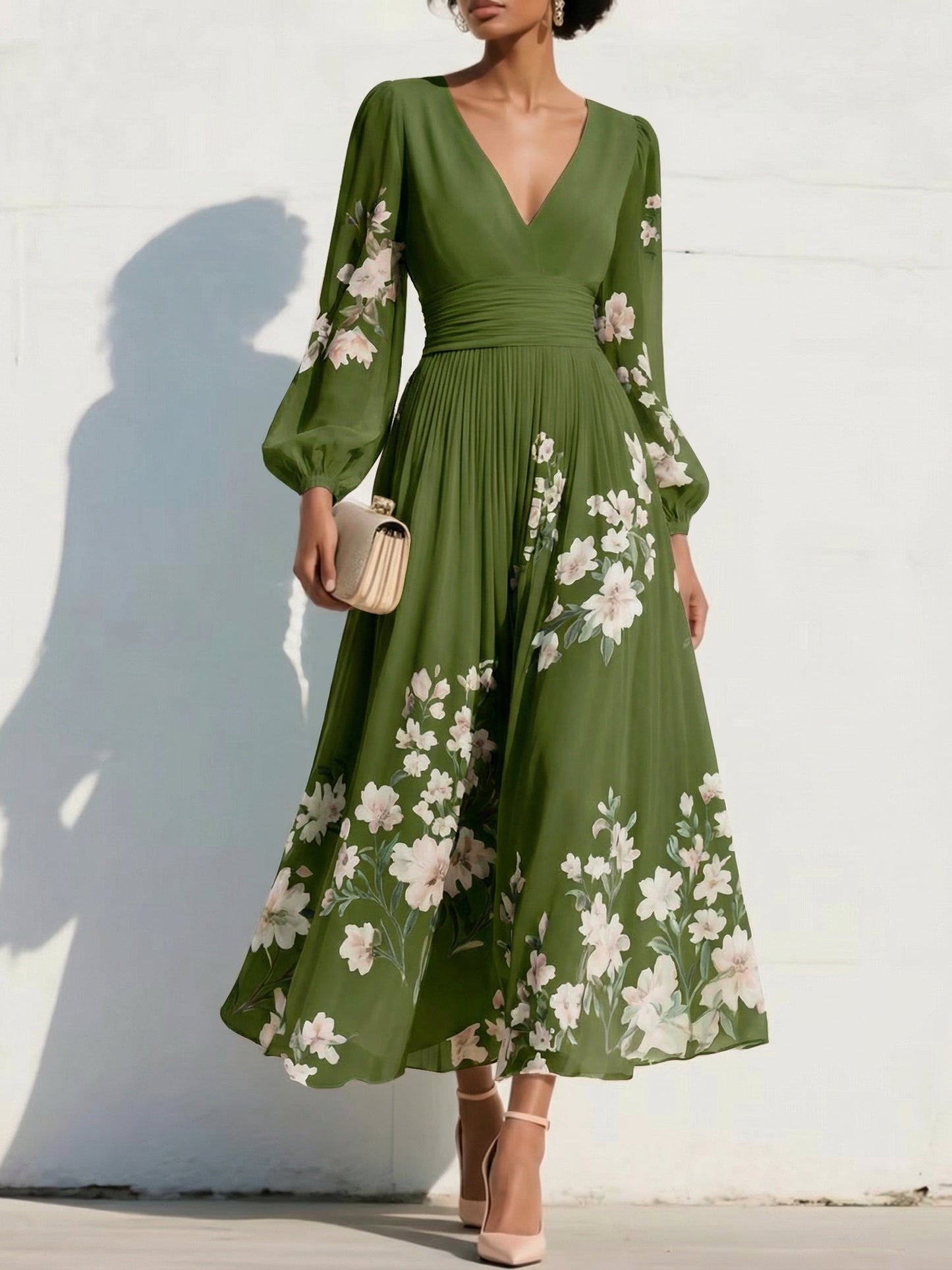 V-Neck Print-Chiffon Pleated Tea-Length Mother of the Bride Dress