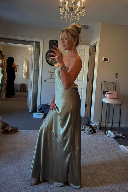 Olive Green Strapless Satin A-line Long Prom Dress