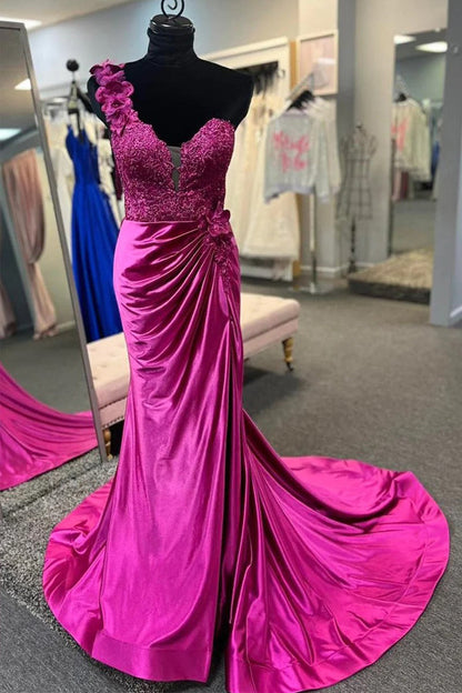 One-Shoulder 3D Floral Lace Pleated Red Prom Gown with Slit