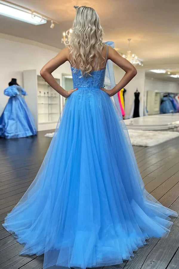 One Shoulder Blue Lace Long Prom Dresses with Slit
