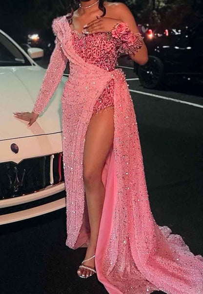 One Shoulder Long Sleeves Sequins Side Slit Sparkly Prom Dress