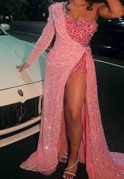 One Shoulder Long Sleeves Sequins Side Slit Sparkly Prom Dress