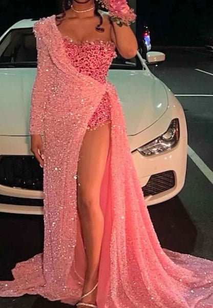 One Shoulder Long Sleeves Sequins Side Slit Sparkly Prom Dress