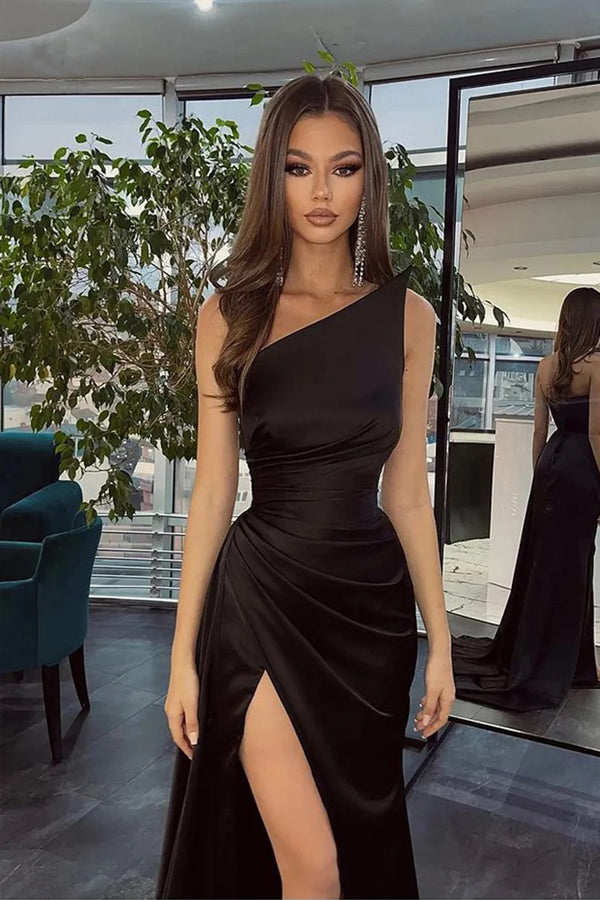 One Shoulder Pleats Side Split Sheath Prom Dress Party Gown