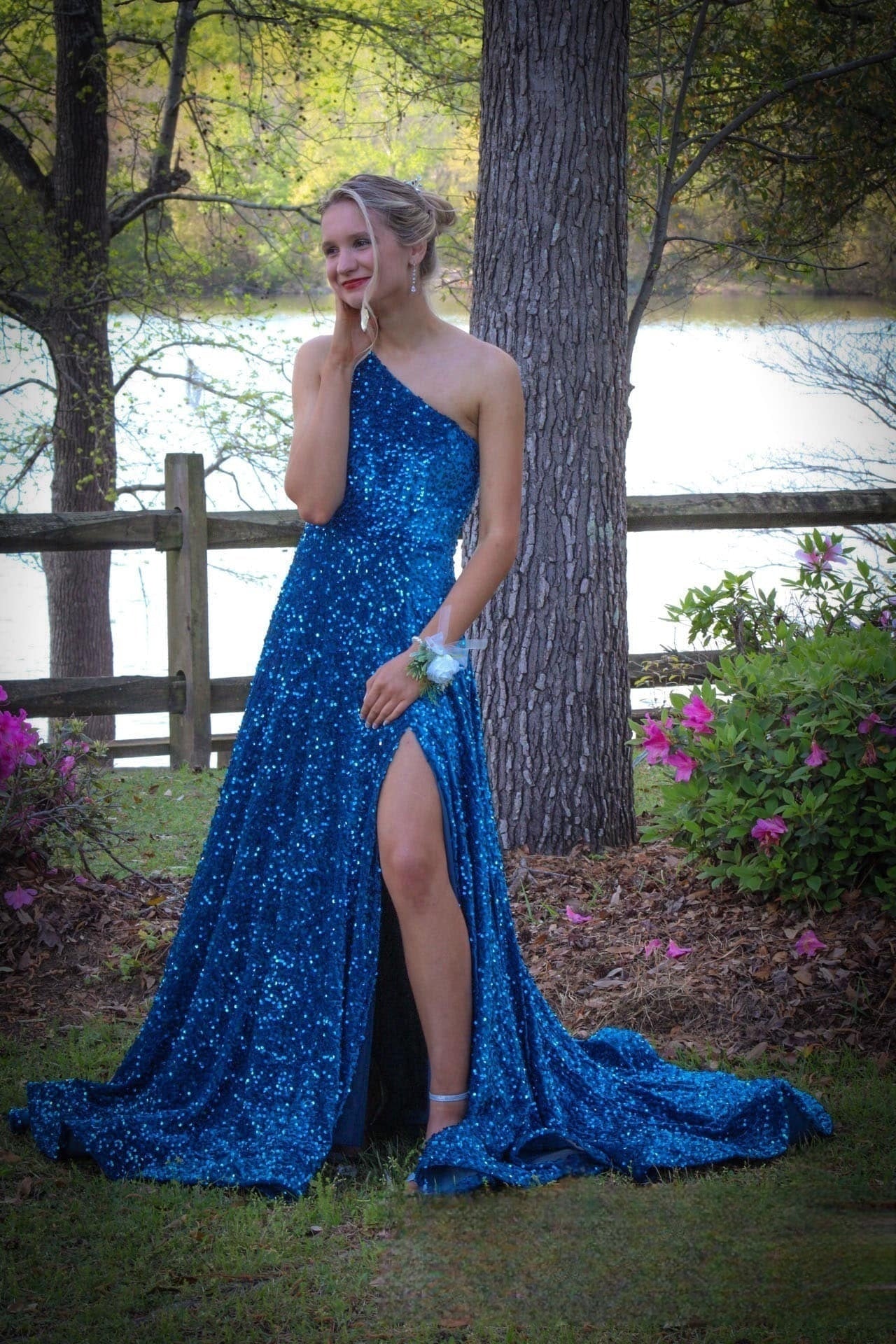 Asymmetrical-Neck Sleeveless Fully Sequined Pleated A-Line Prom Dress with Slit