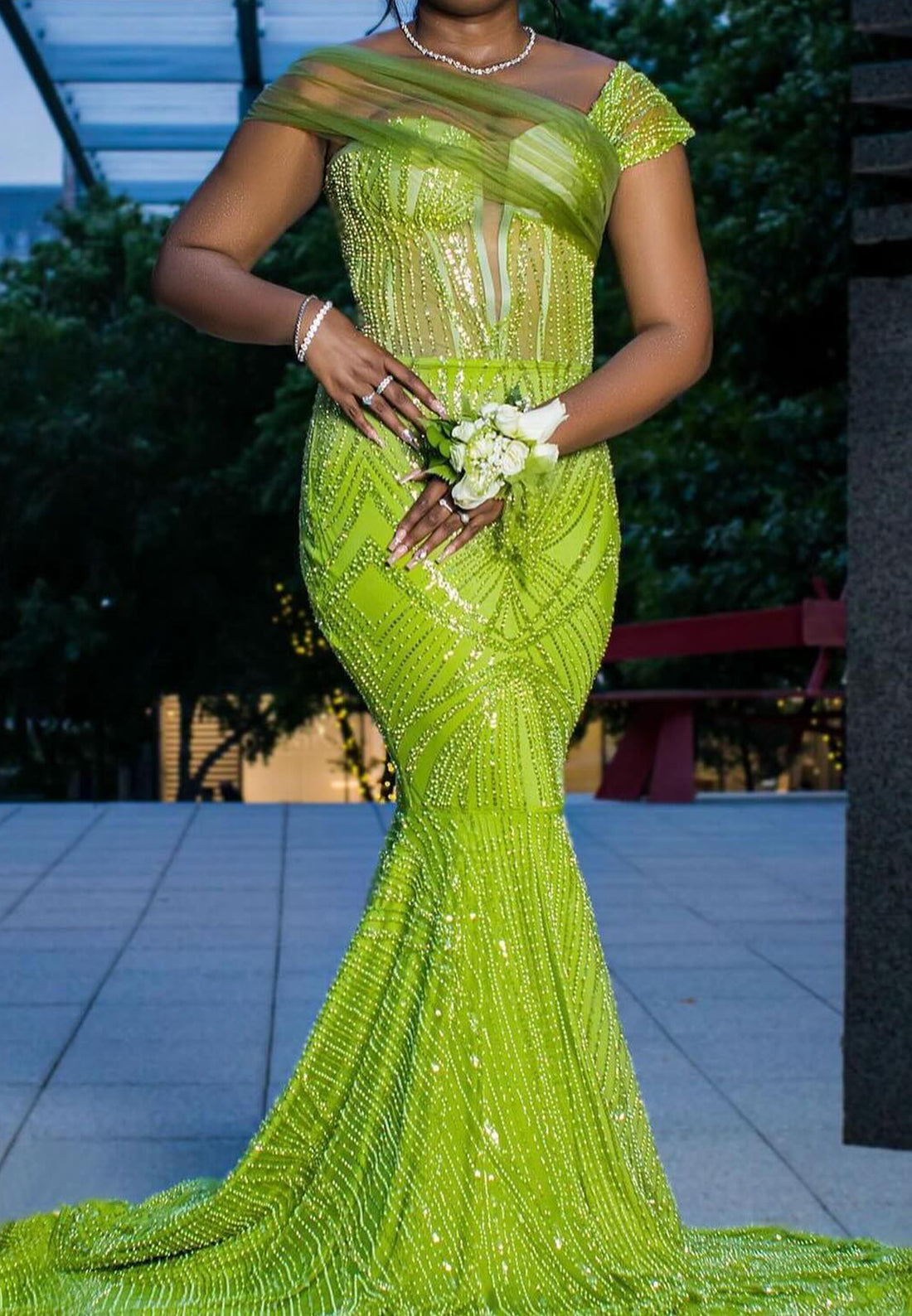 One Shoulder Sleeveless Beaded Emboridery Sparkly Mermaid Prom Dress