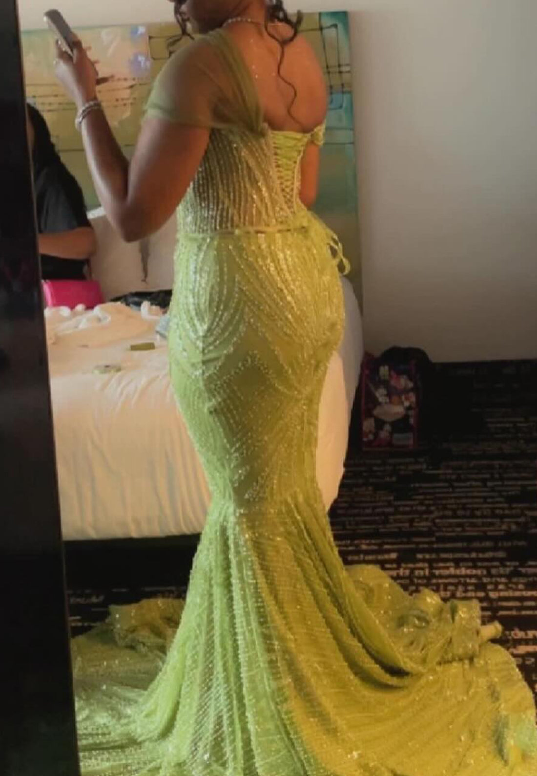 One Shoulder Sleeveless Beaded Emboridery Sparkly Mermaid Prom Dress