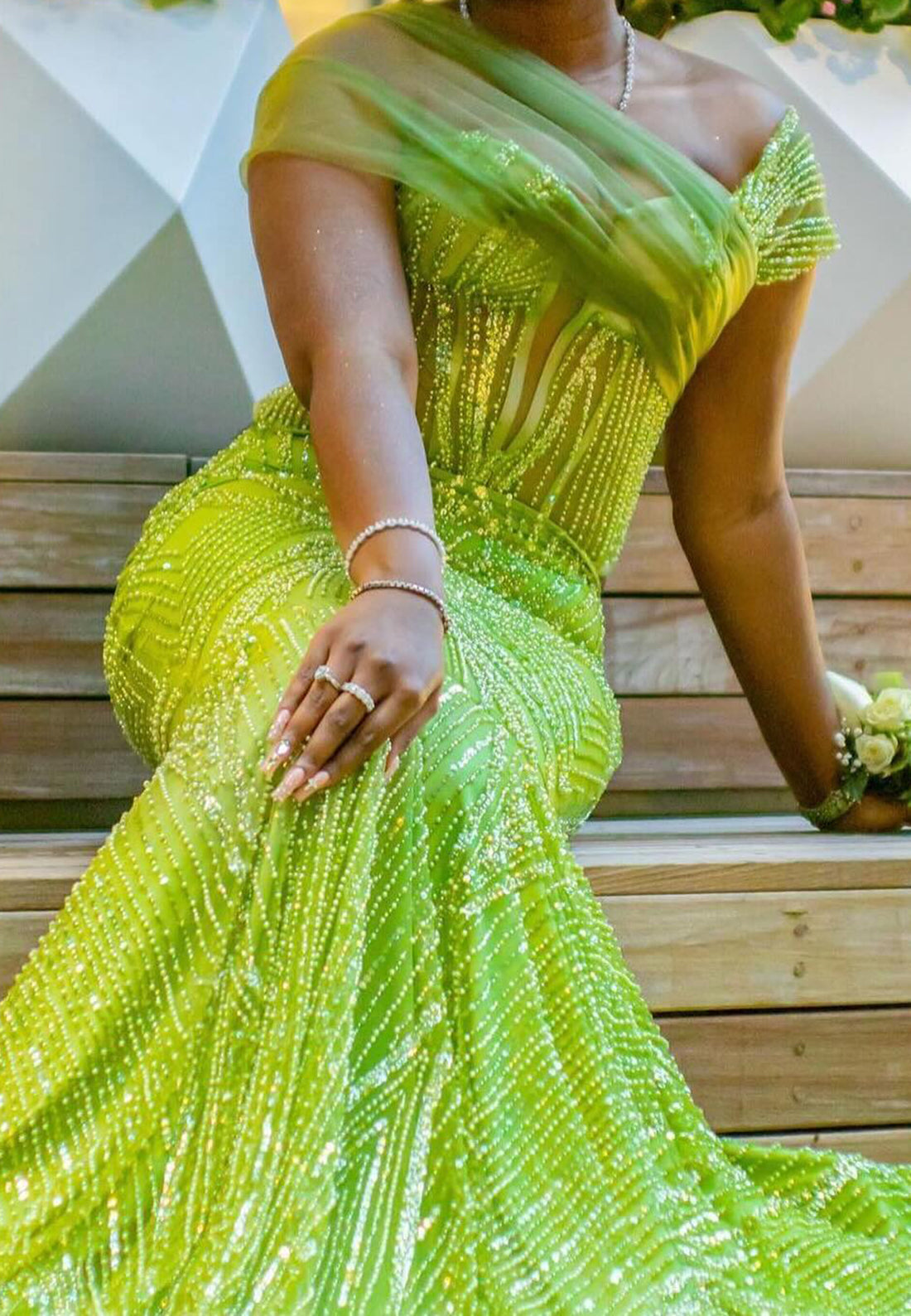 One Shoulder Sleeveless Beaded Emboridery Sparkly Mermaid Prom Dress