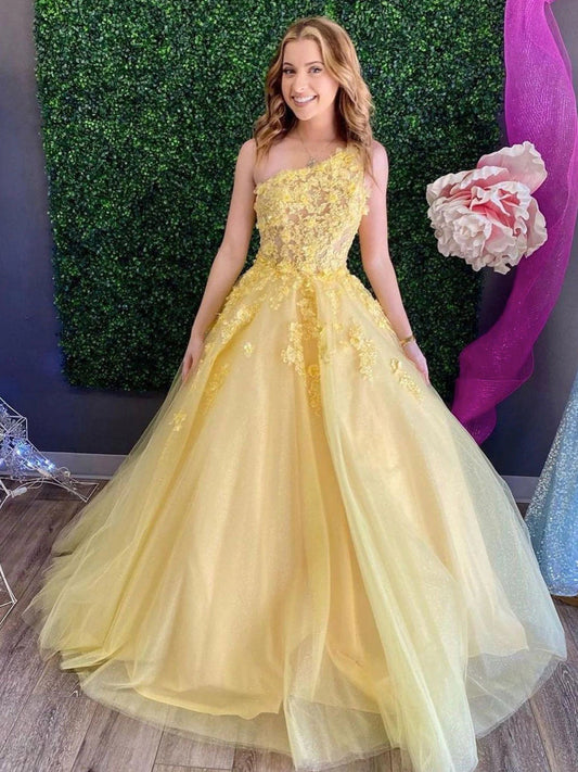 One Shoulder Yellow Lace Floral Long Prom Dress