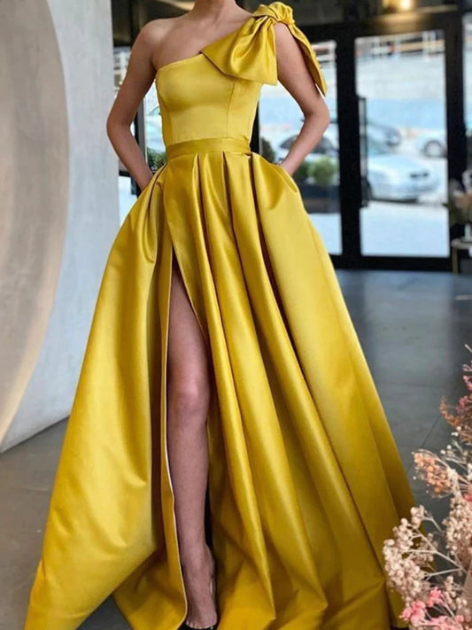 One Shoulder Yellow Satin Long Formal Evening Dress