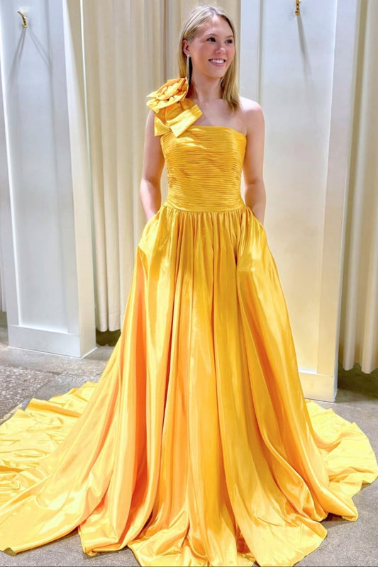 One Shoulder Yellow Satin Long Prom Dress with Flower